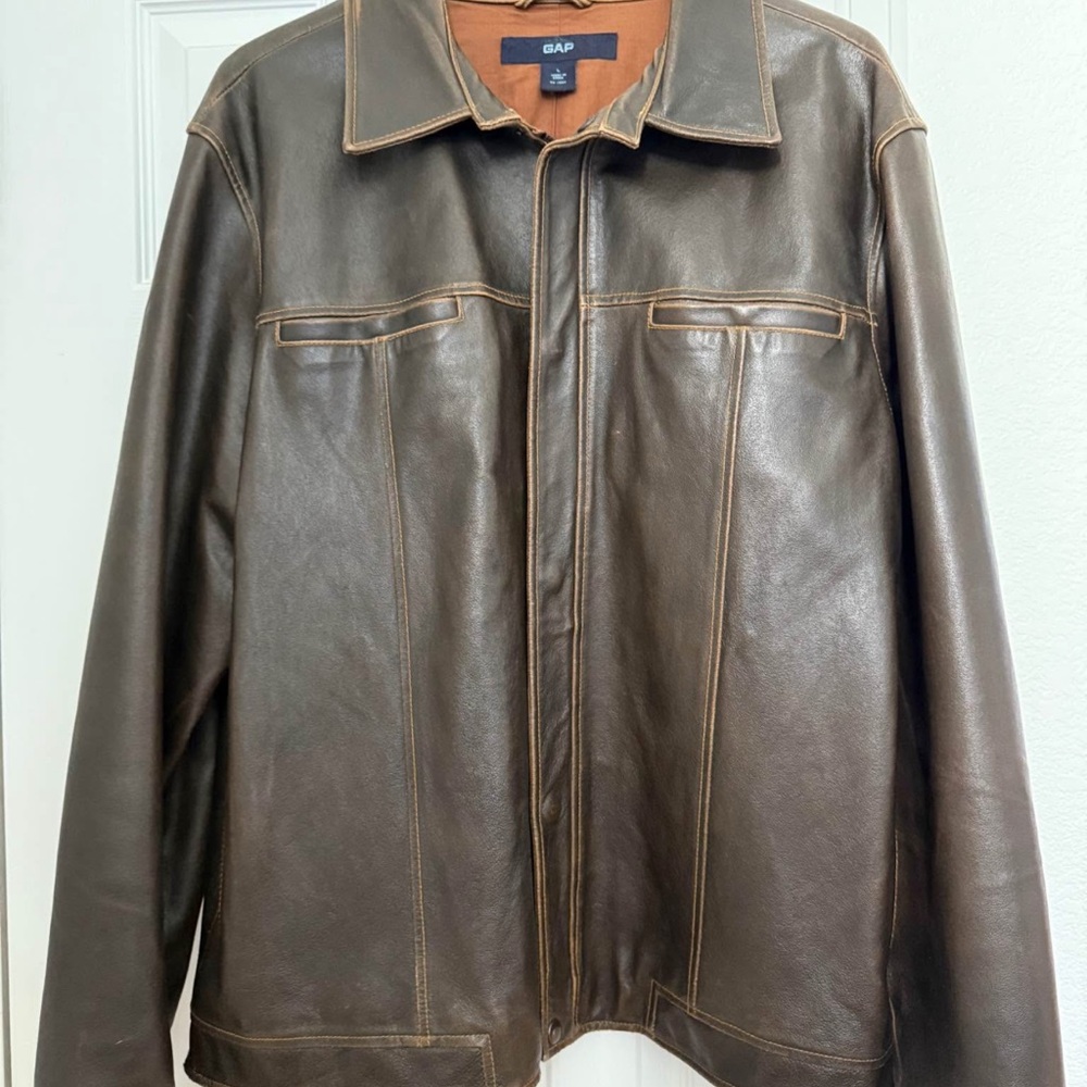 GAP Men's Dark Brown Leather Jacket 
On trend this season!!